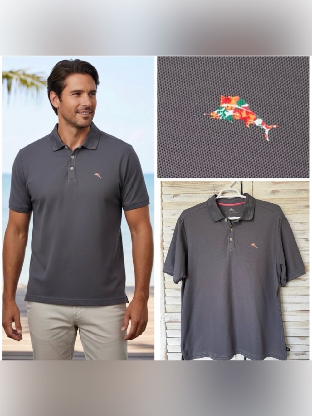 Tommy Bahama‎ Polo Shirt Men Gray  IslandZone Floral Collar